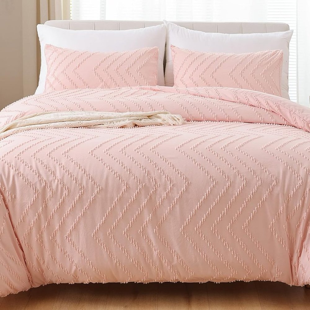 Chevron Tufted Texture Petal Pink Blush King Size Bed Comforter Set Boho Bedding